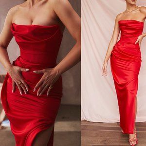 HOUSE OF CB 'Adrienne' Scarlet Satin Strapless Gown NWOT